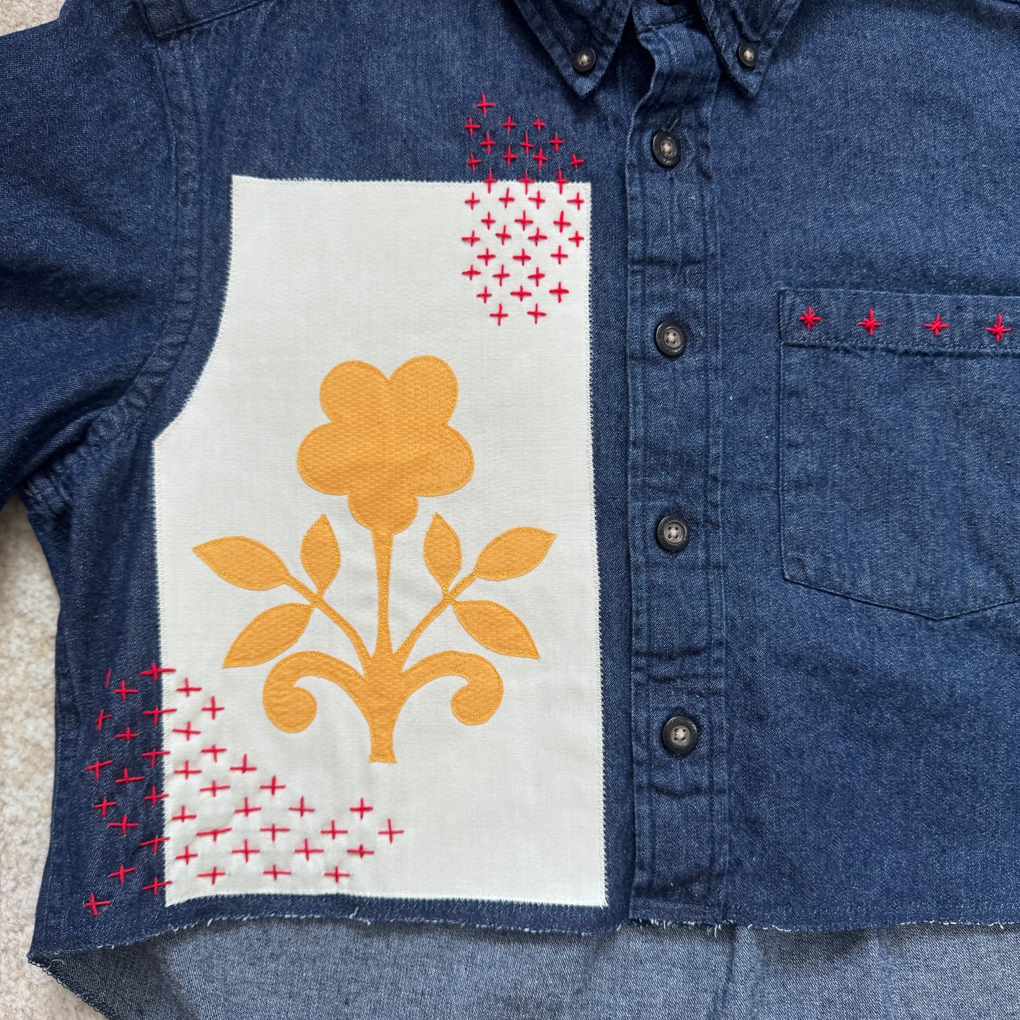 Scrap Button Down - Dark Denim w/ Pale Panel & Ochre Floral