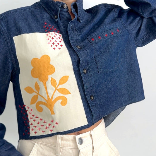 Scrap Button Down - Dark Denim w/ Pale Panel & Ochre Floral