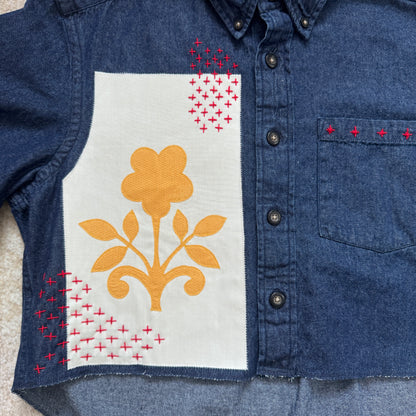 Scrap Button Down - Dark Denim w/ Pale Panel & Ochre Floral