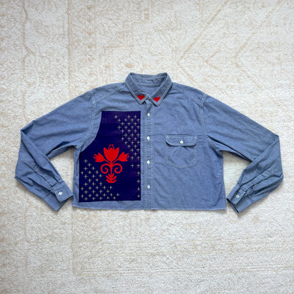 Scrap Button Down - Chambray Denim w/ Dark Panel & Red Floral