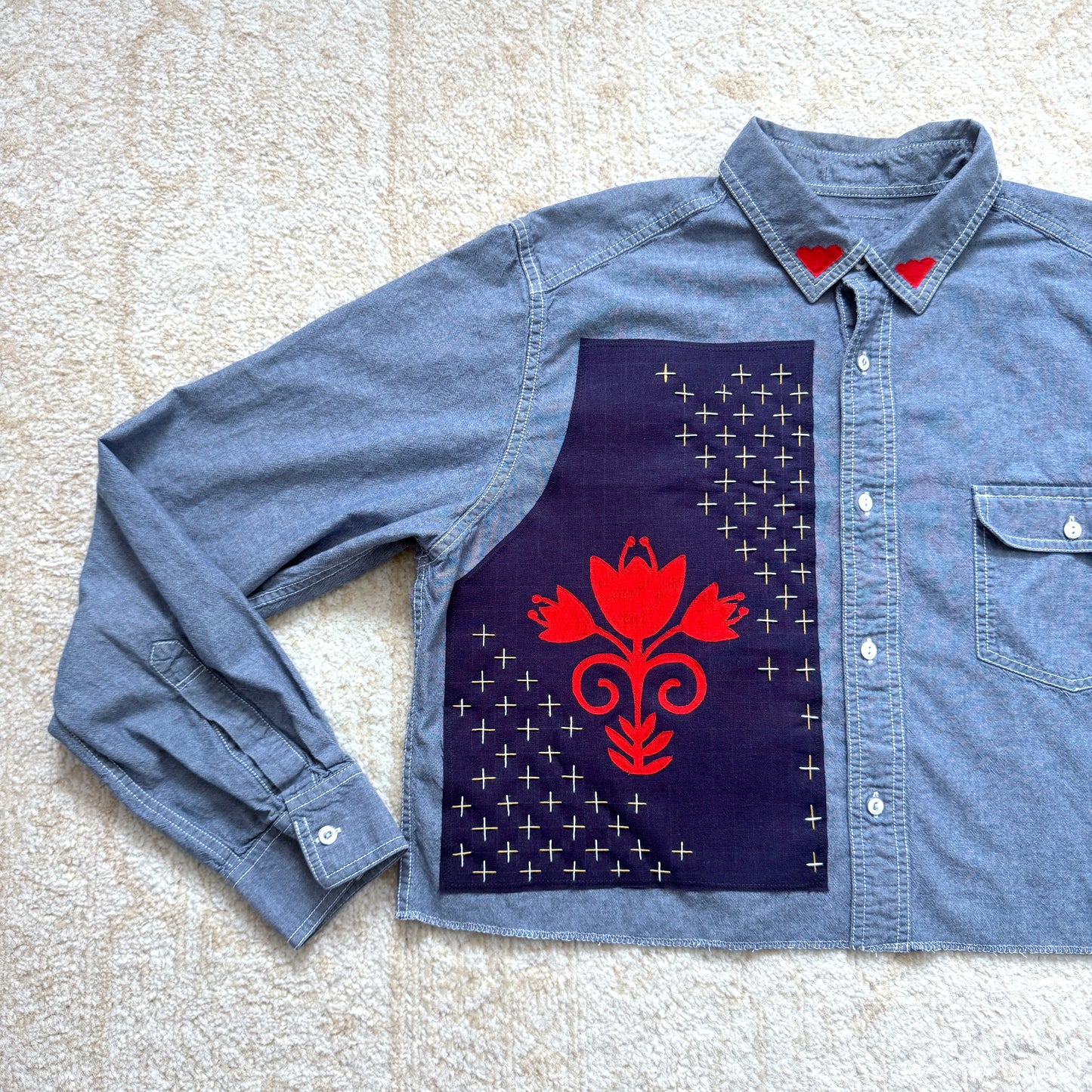 Scrap Button Down - Chambray Denim w/ Dark Panel & Red Floral