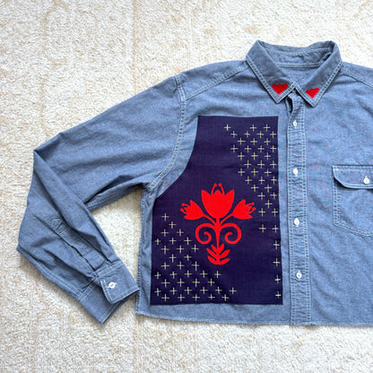 Scrap Button Down - Chambray Denim w/ Dark Panel & Red Floral