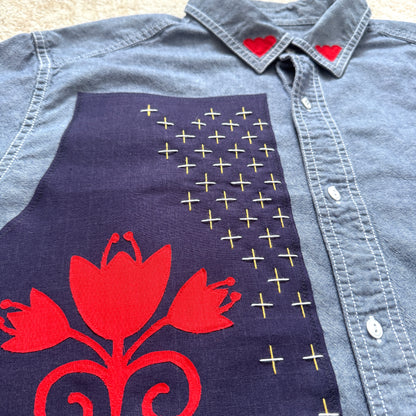 Scrap Button Down - Chambray Denim w/ Dark Panel & Red Floral
