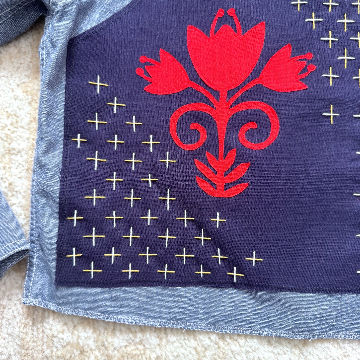 Scrap Button Down - Chambray Denim w/ Dark Panel & Red Floral