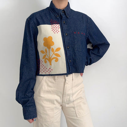 Scrap Button Down - Dark Denim w/ Pale Panel & Ochre Floral