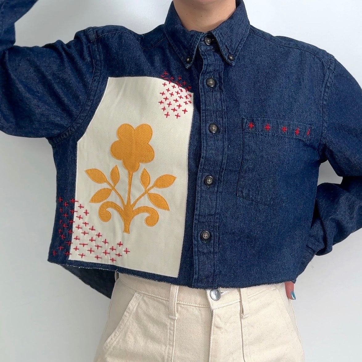 Scrap Button Down - Dark Denim w/ Pale Panel & Ochre Floral