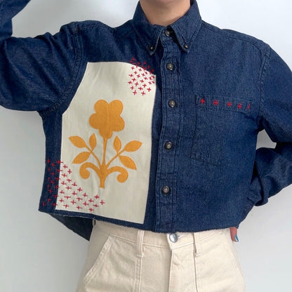Scrap Button Down - Dark Denim w/ Pale Panel & Ochre Floral