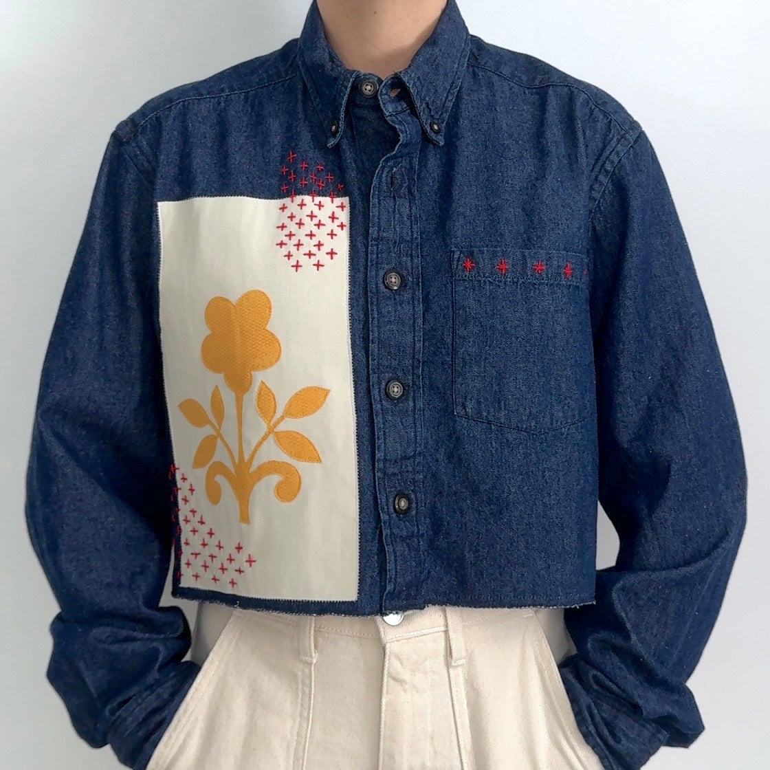 Scrap Button Down - Dark Denim w/ Pale Panel & Ochre Floral