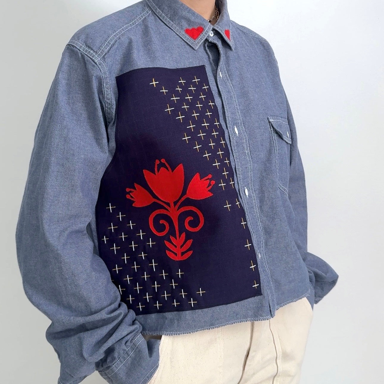 Scrap Button Down - Chambray Denim w/ Dark Panel & Red Floral