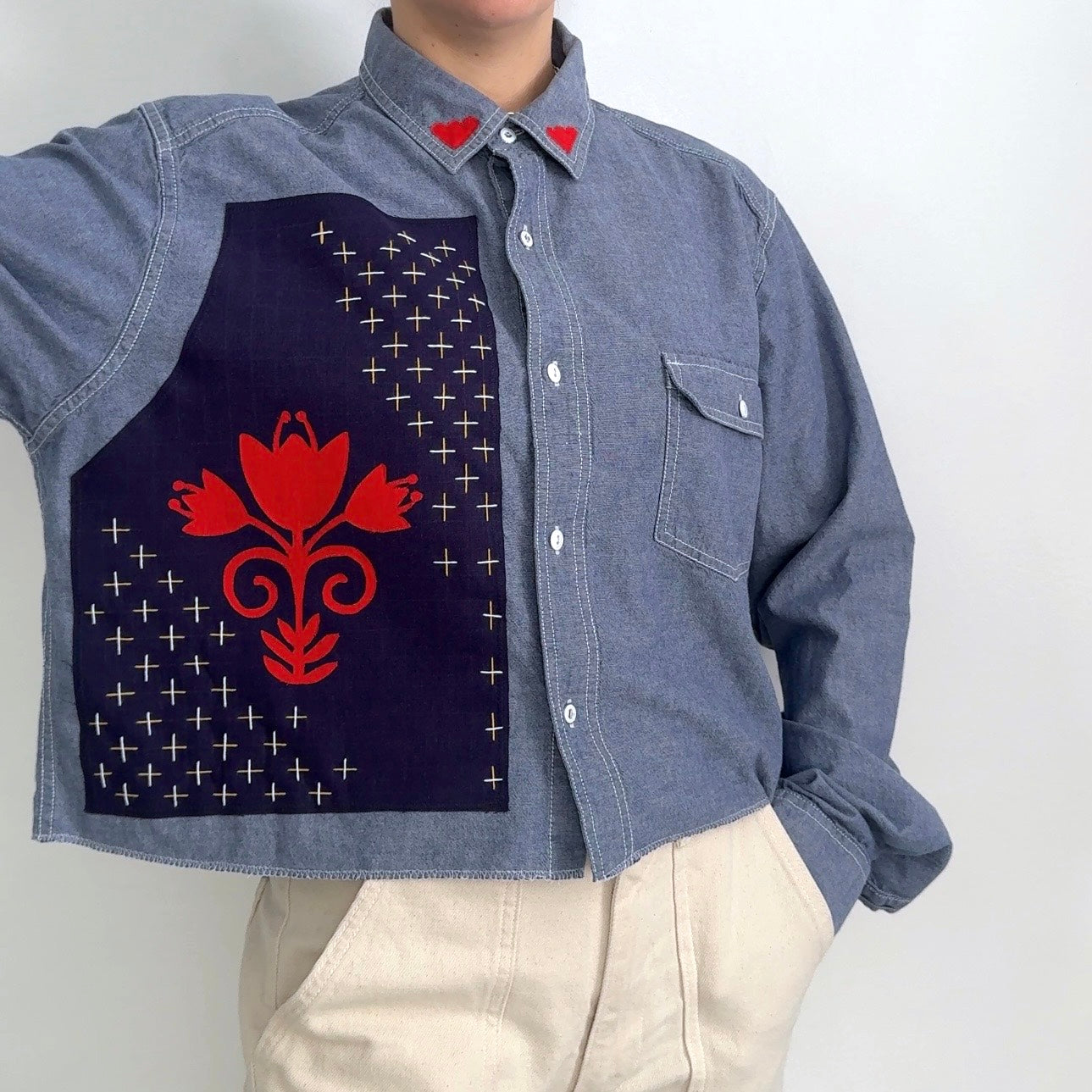 Scrap Button Down - Chambray Denim w/ Dark Panel & Red Floral