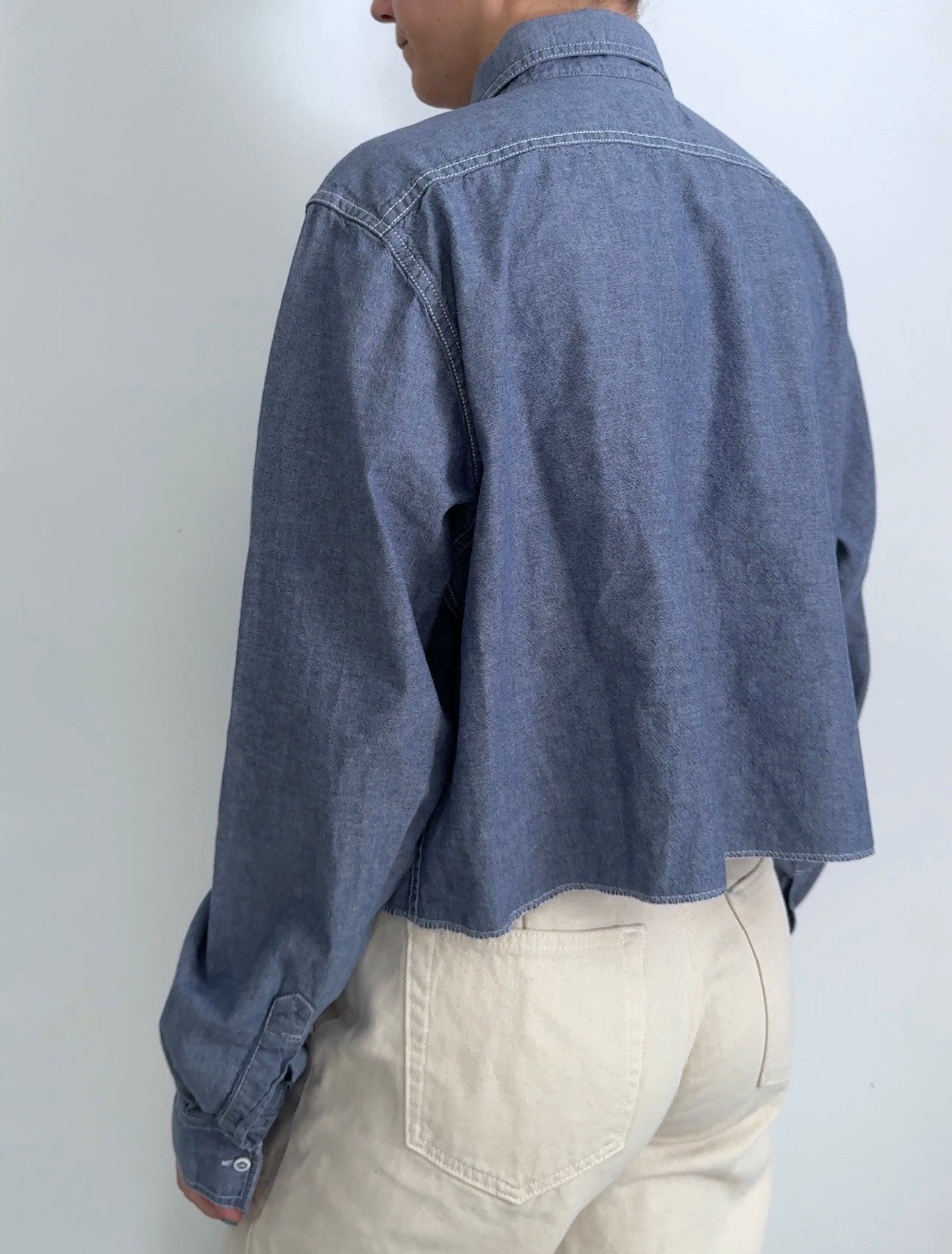 Scrap Button Down - Chambray Denim w/ Dark Panel & Red Floral