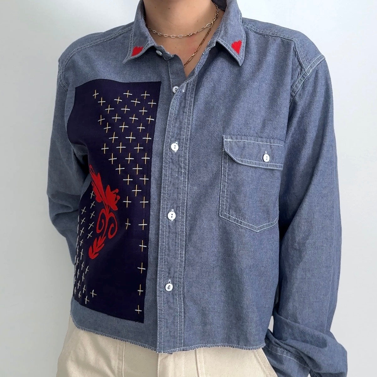 Scrap Button Down - Chambray Denim w/ Dark Panel & Red Floral